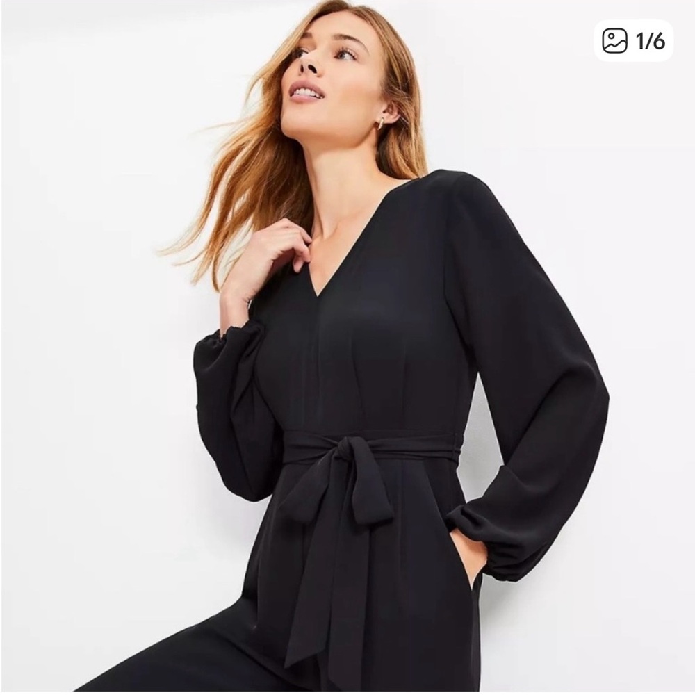 LOFT Black Long-Sleeve V-Neck Jumpsuit with Tie Waist. Size 12. - Picture 2 of 16